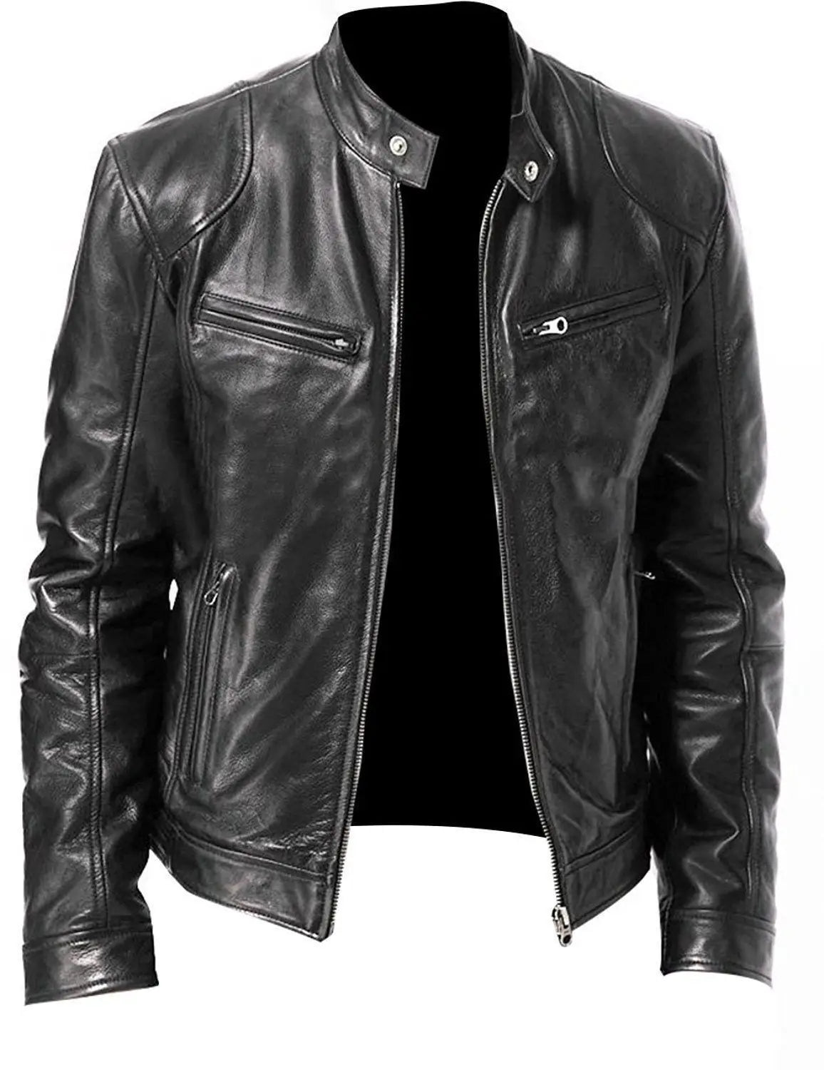 Black leather slim fit pu motorcycle jacket with silver zippers and snap buttons.