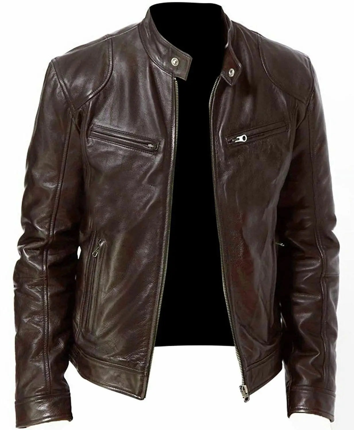 Slim fit dark brown pu leather motorcycle jacket with silver zippers and snap buttons.