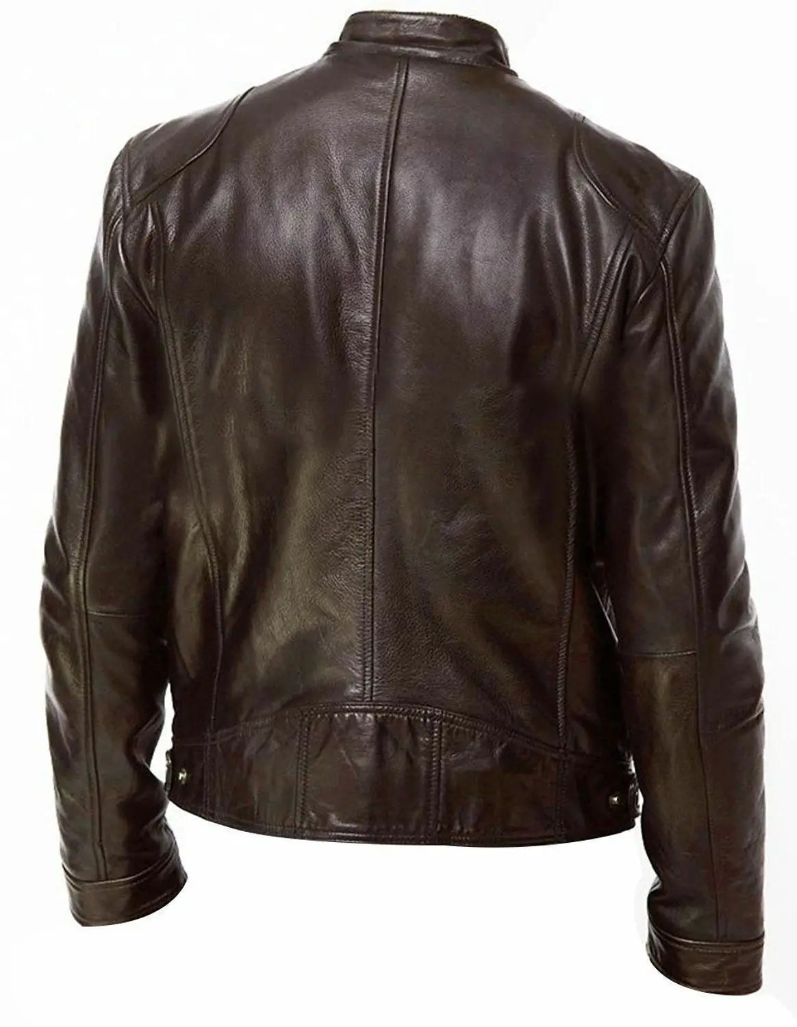 Dark brown slim fit pu leather motorcycle jacket with a classic fitted design and visible stitching along the seams.