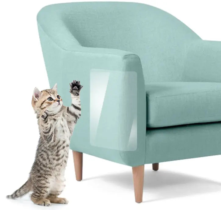 A transparent protective sleeve adhered to the armrest of a mint green upholstered chair for cat scratch protector furniture guard 30x45cm 2 pack.