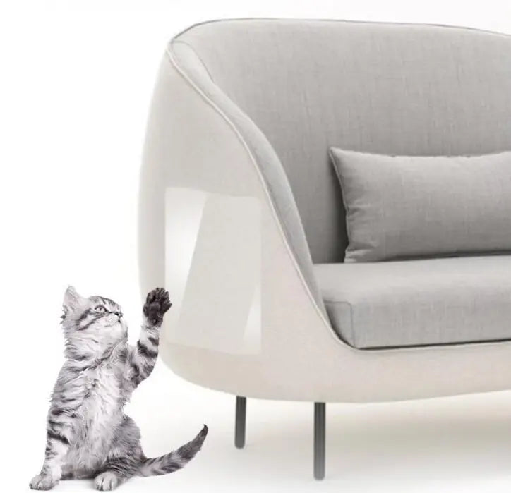Modern gray upholstered sofa with sleek curved design and minimalist metal legs shown with cat scratch protector furniture guard 30x45cm 2 pack.