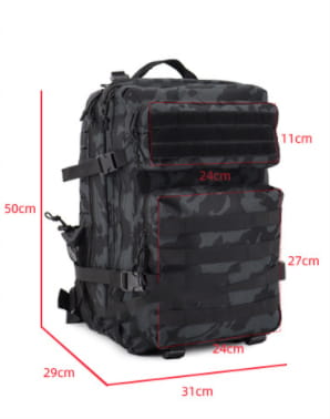 Black and gray tactical backpack with red stitching details designed for large capacity outdoor hiking use.