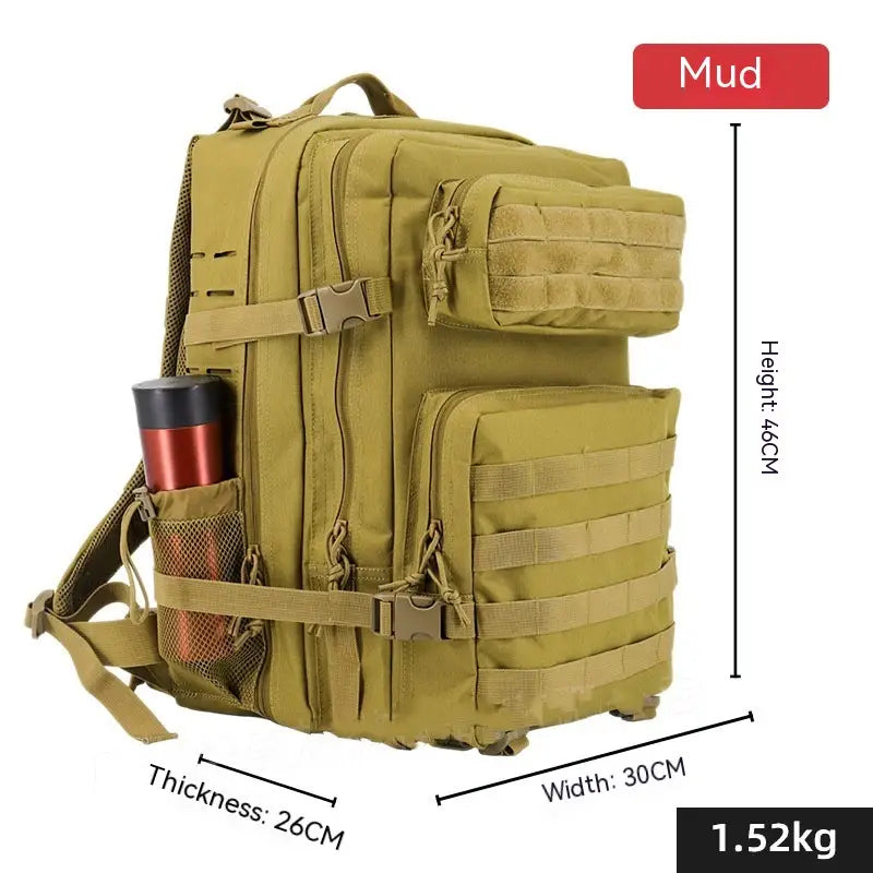 tan tactical backpack with multiple compartments and adjustable straps shown from the back side designed for large capacity outdoor hiking use