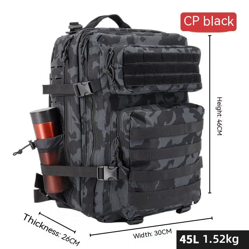 Black camouflage tactical backpack with large capacity multiple compartments and adjustable straps designed for outdoor hiking.