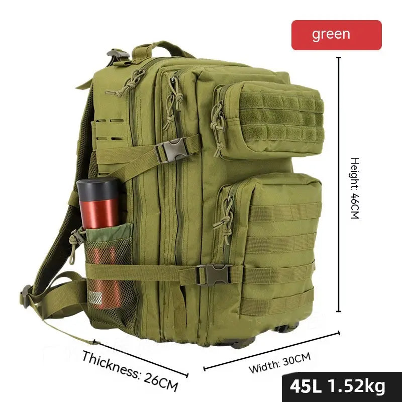 Olive green tactical backpack with large capacity multiple compartments and adjustable straps designed for outdoor hiking.