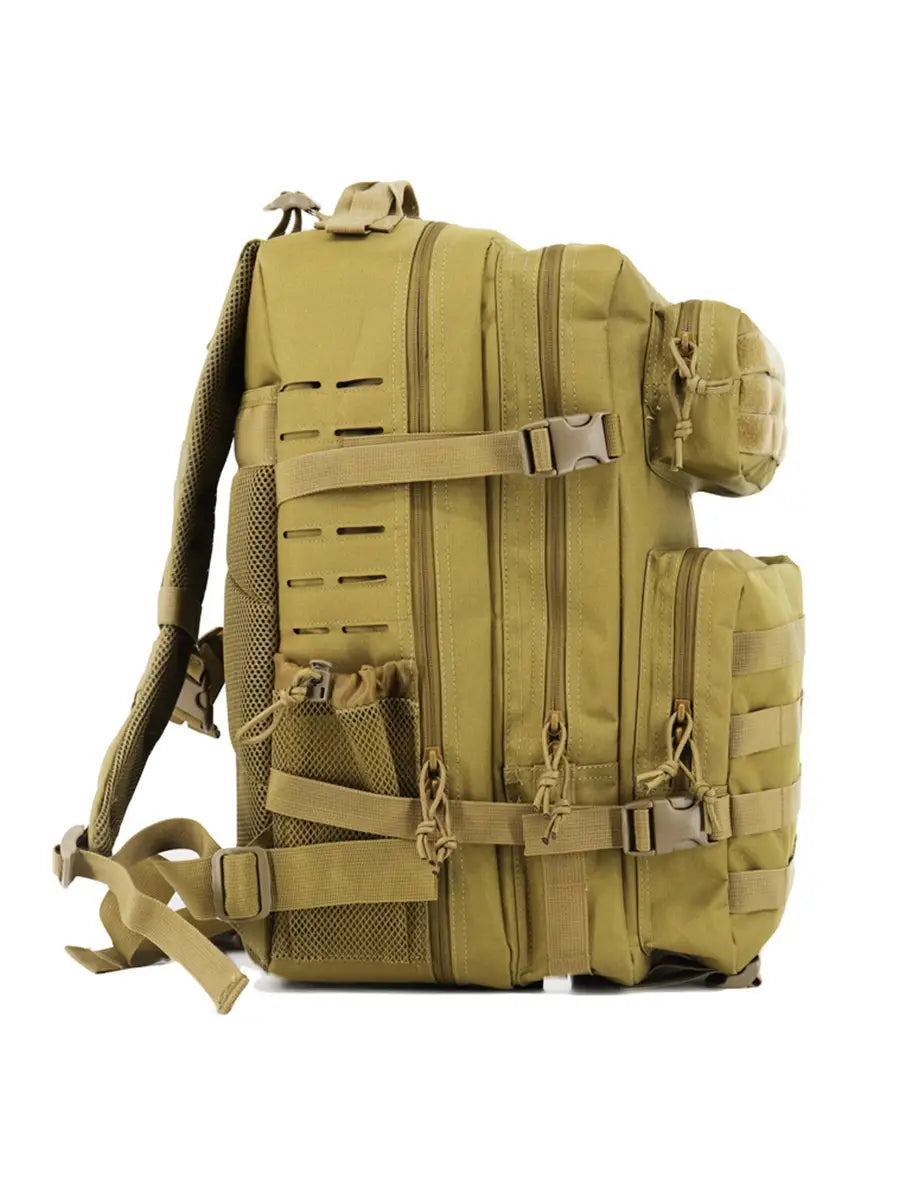 Tan tactical backpack with large capacity multiple zippered compartments and adjustable straps designed for outdoor hiking use.