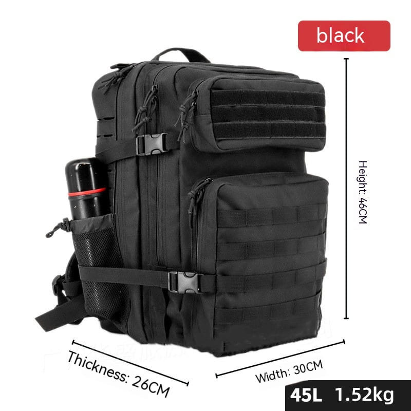 Black tactical backpack with large capacity, multiple compartments, and adjustable straps designed for rugged outdoor hiking use.