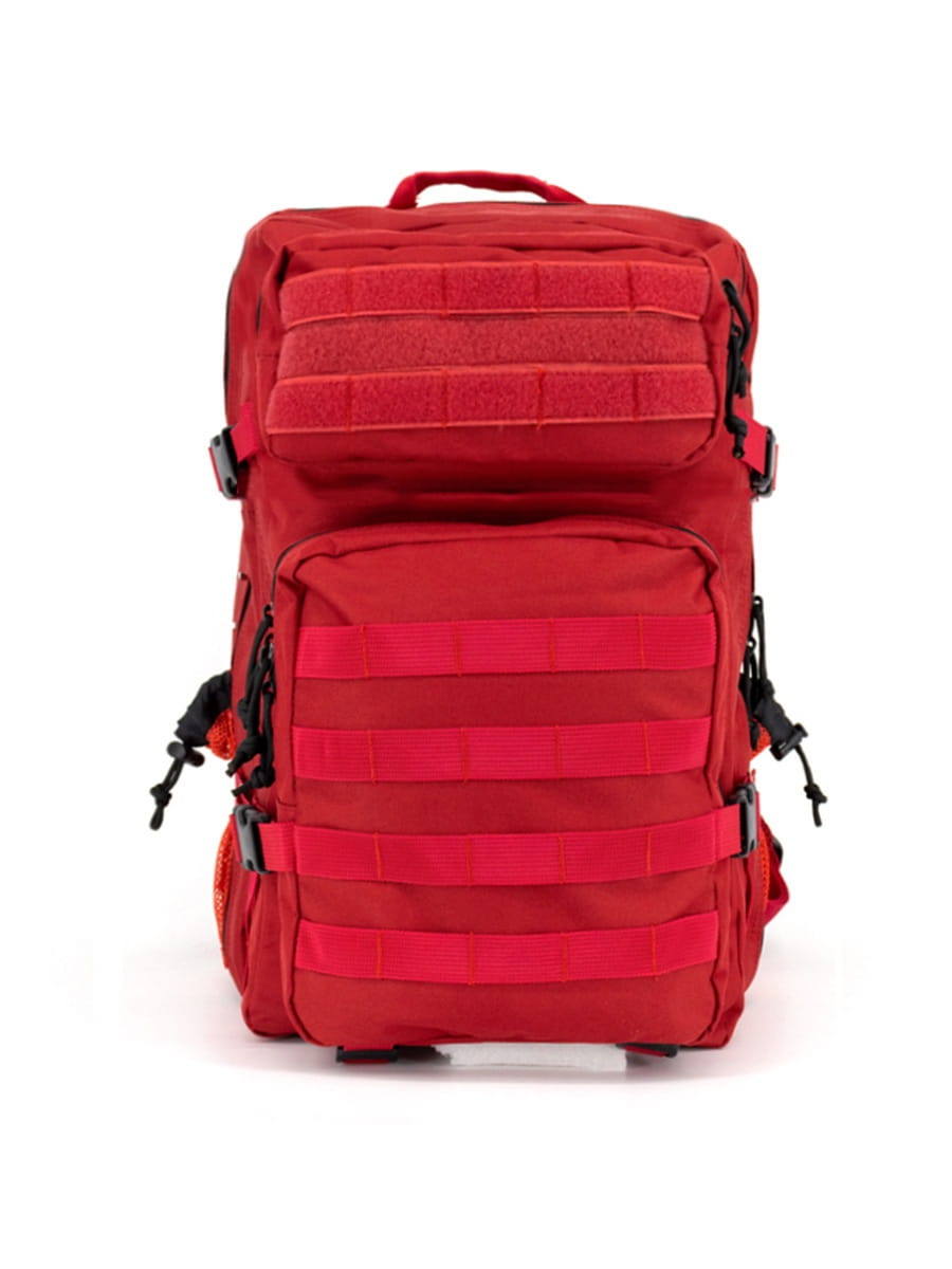 Red tactical backpack with multiple horizontal webbing straps and black zippers designed for large capacity outdoor hiking use