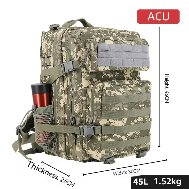 Tactical backpack large capacity outdoor hiking bag in camouflage pattern with olive green beige and gray tones featuring multiple compartments adjustable straps and durable fabric construction.