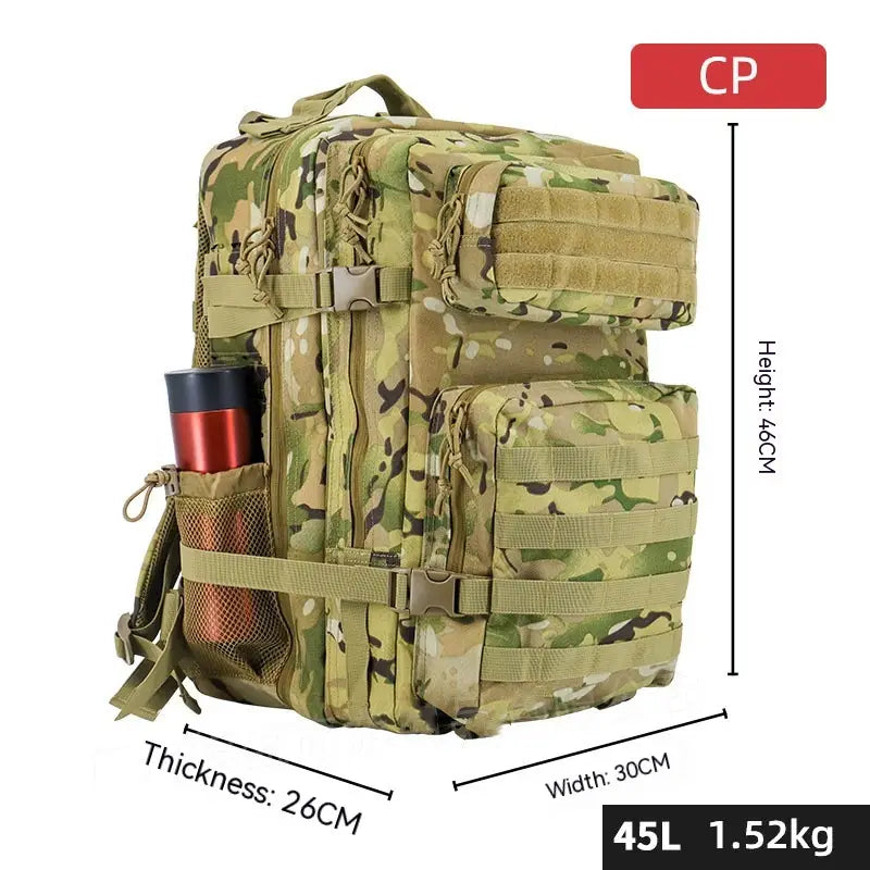 Multicam camouflage tactical backpack with large capacity multiple compartments and adjustable straps designed for outdoor hiking.