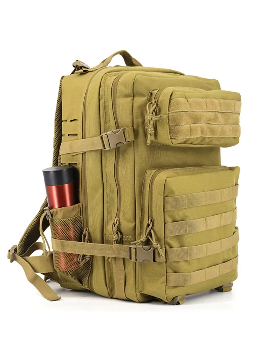 Tan tactical backpack with large capacity and multiple compartments featuring a mesh side pocket holding a red and black thermos for outdoor hiking use.