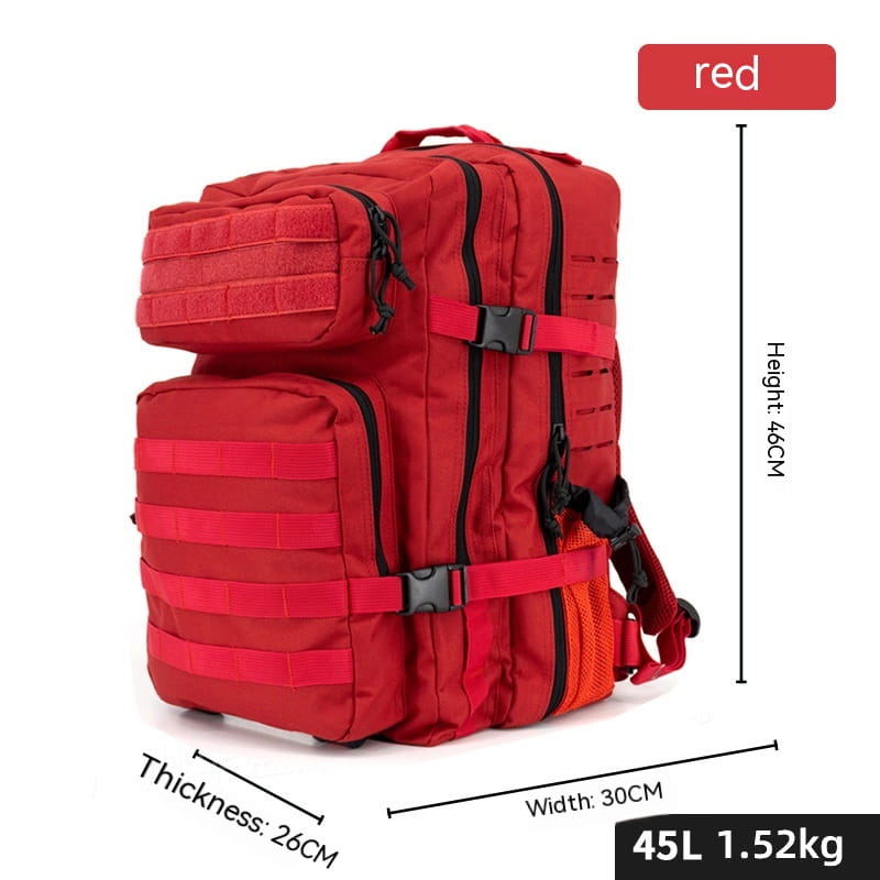 Red tactical backpack with black zippers and webbing straps featuring a rugged design and large capacity for outdoor hiking and adventures.
