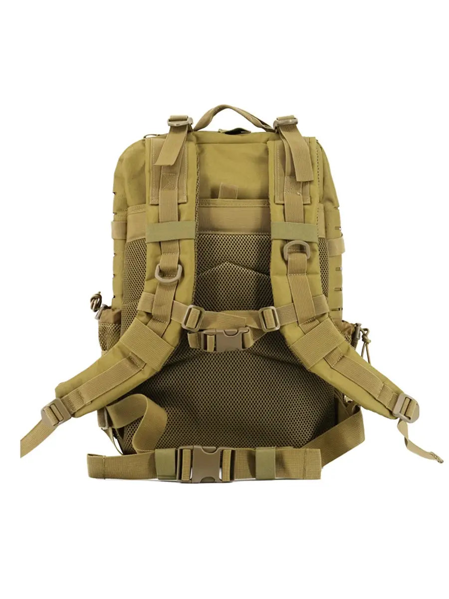 Tan tactical backpack with adjustable straps and breathable mesh back panel designed for large capacity outdoor hiking use.