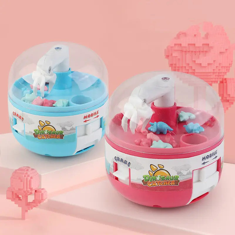 Two colorful spherical dinosaur mini gashapon machines with transparent domes and white robotic arms designed as kids claw toys.