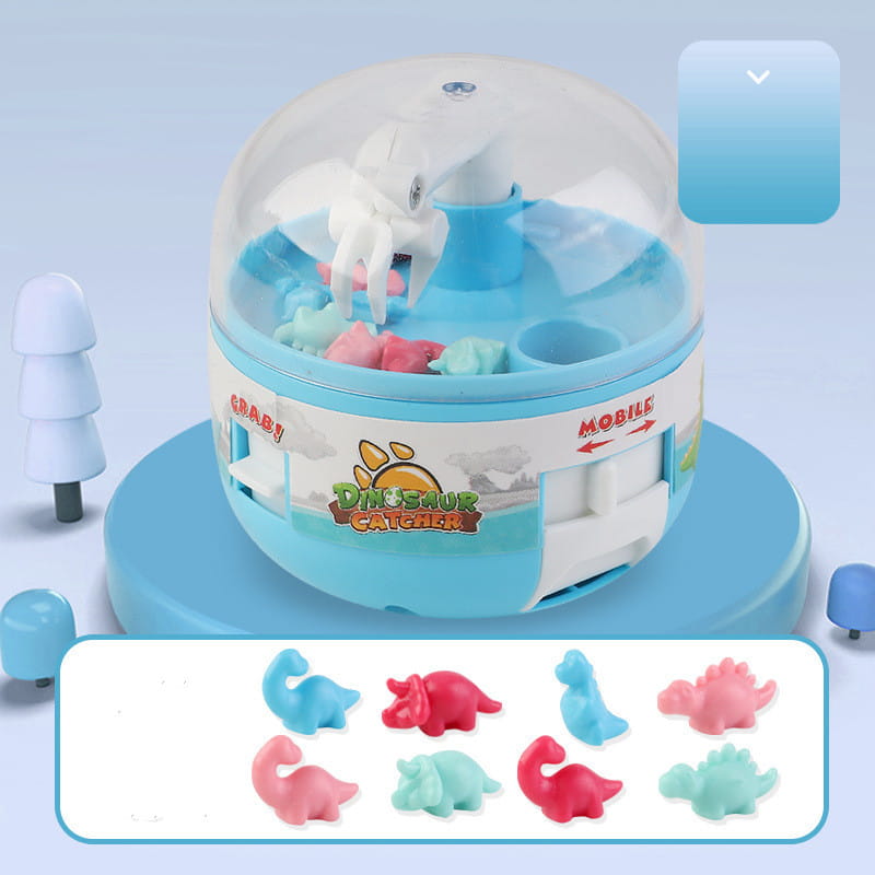 Blue and white plastic dinosaur mini gashapon machine kids claw toy with a clear dome containing colorful miniature dinosaur figurines.