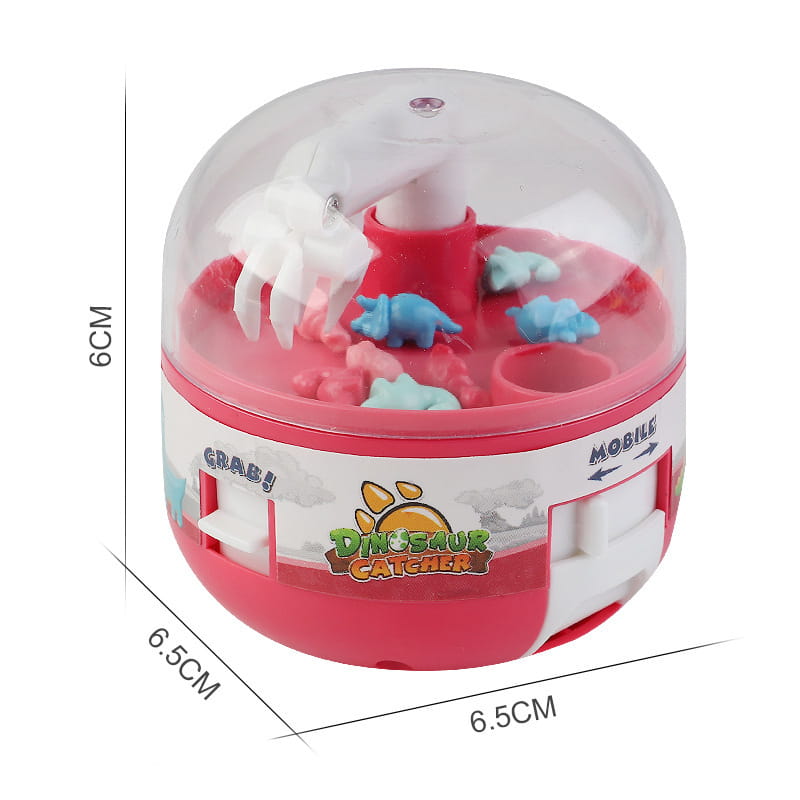 Pink and white plastic dinosaur mini gashapon machine kids claw toy with a clear dome containing blue and pink miniature dinosaurs.