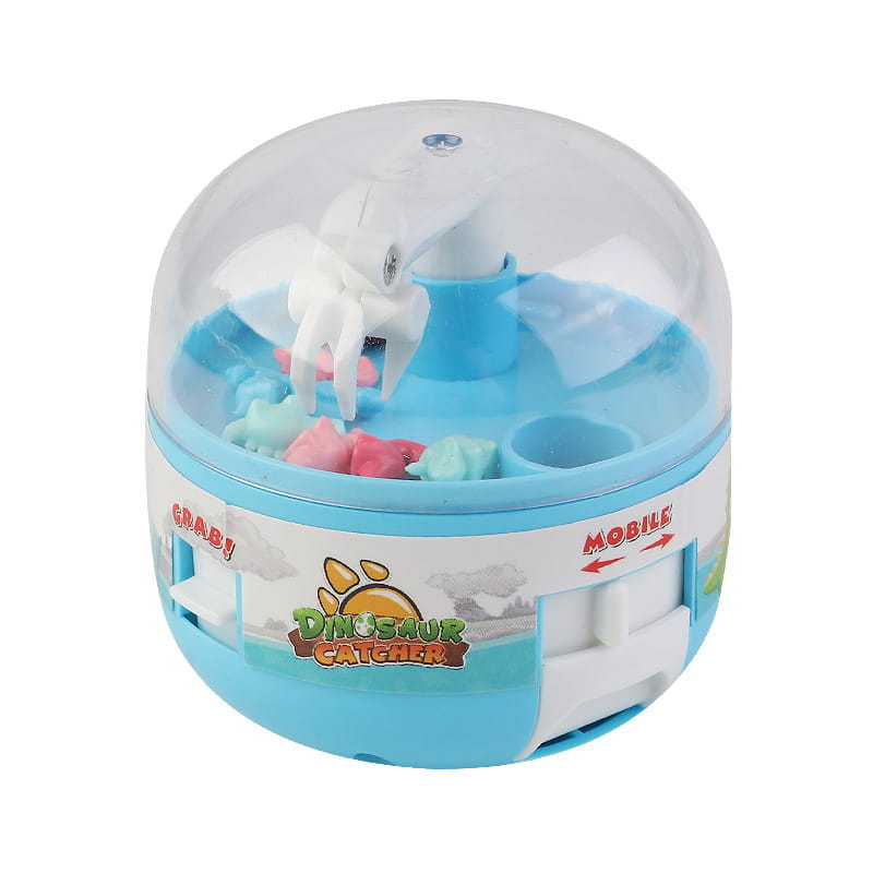 Blue and white plastic dinosaur mini gashapon machine kids claw toy with a clear dome featuring colorful miniature dinosaurs inside.