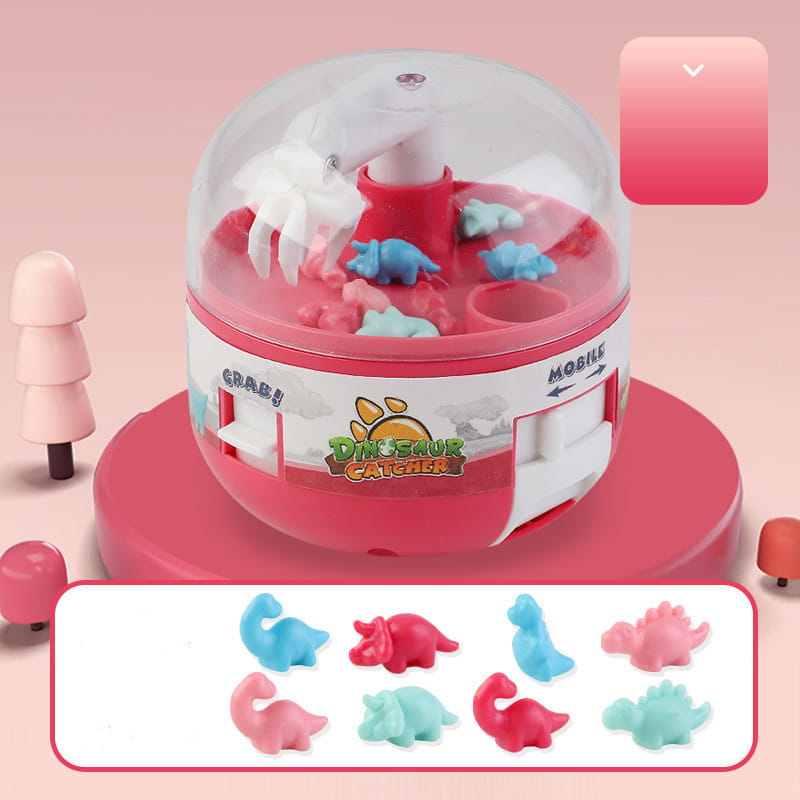pink and white plastic dinosaur mini gashapon machine kids claw toy with clear dome containing colorful miniature dinosaurs inside