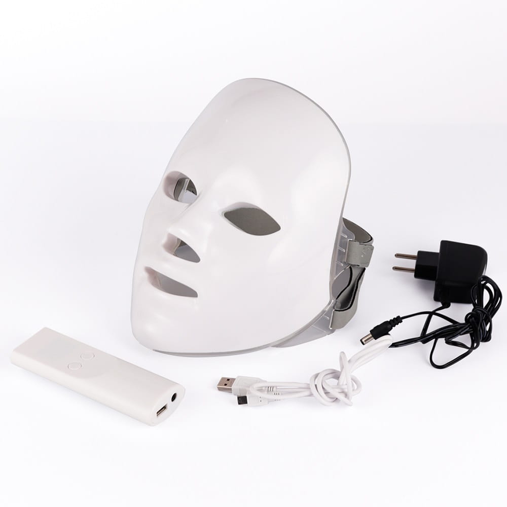 Led facial mask 7 color red light photon skin therapy featuring a white smooth surface with gray adjustable straps.