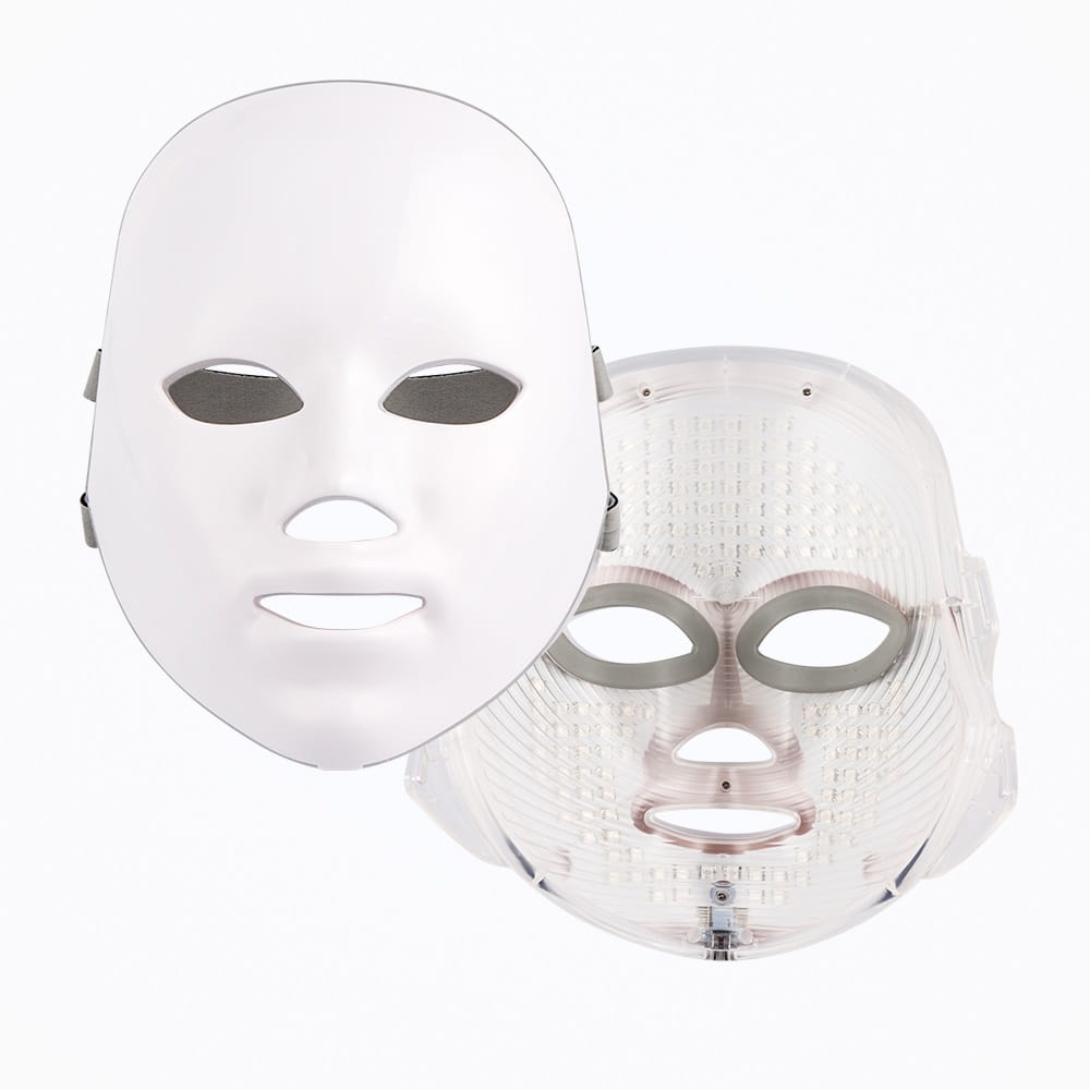 led facial mask 7 color red light photon skin therapy in white with a sleek smooth surface and a transparent version showing a visible light-emitting grid pattern.