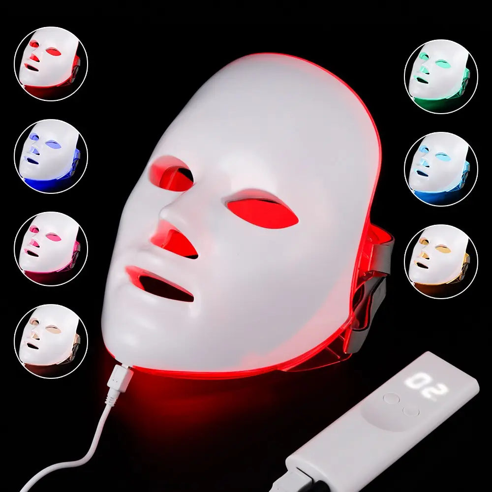 Led facial mask with 7 color red light photon skin therapy features a white sleek design and multiple color options for different treatments.
