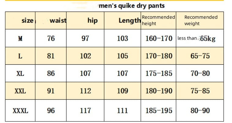Men quick dry tactical hiking pants size chart showing waist hip and length measurements for sizes m to xxxl.