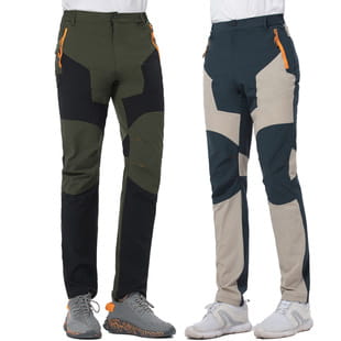 Men quick dry tactical hiking pants in olive and black patchwork with orange zipper accents designed for outdoor use.