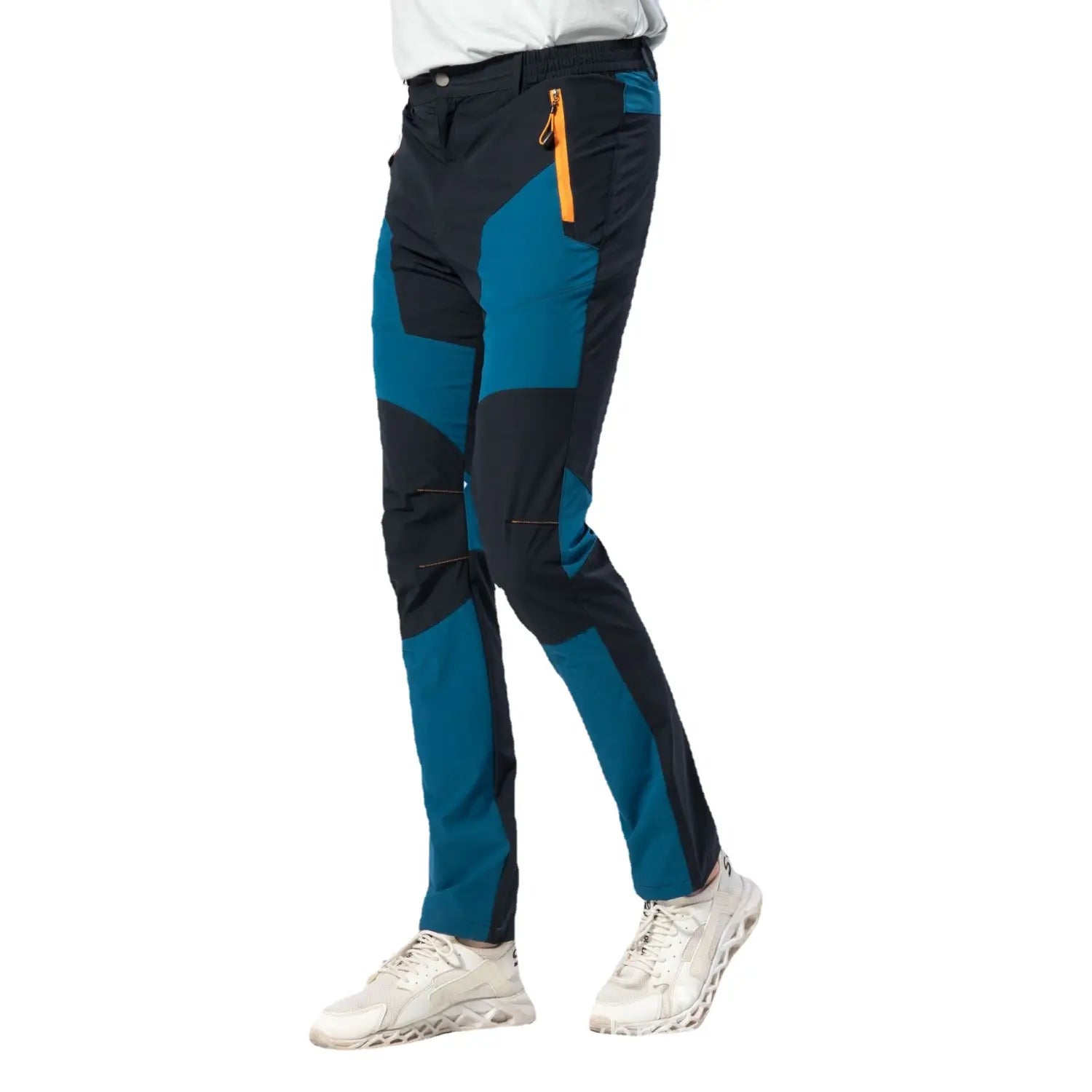 Men quick dry tactical hiking pants in dark blue and teal panels with a bright orange zipper accent designed for outdoor activities.