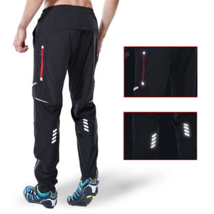 Men quick dry tactical hiking pants in black athletic fabric with reflective red and white stripes on the sides