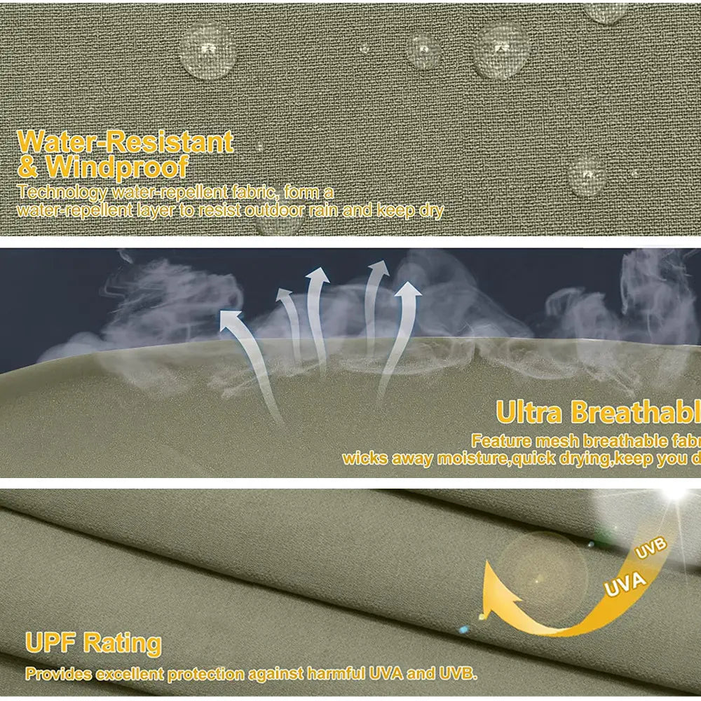Olive green men quick dry tactical hiking pants made of water-resistant and windproof fabric with a mesh breathable layer for quick drying.