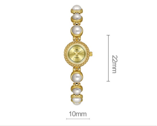 Elegant pearl bracelet quartz watch for women featuring a gold-toned round face with gold-colored hands and numerals and five evenly spaced white pearls set in ornate golden links along the band.