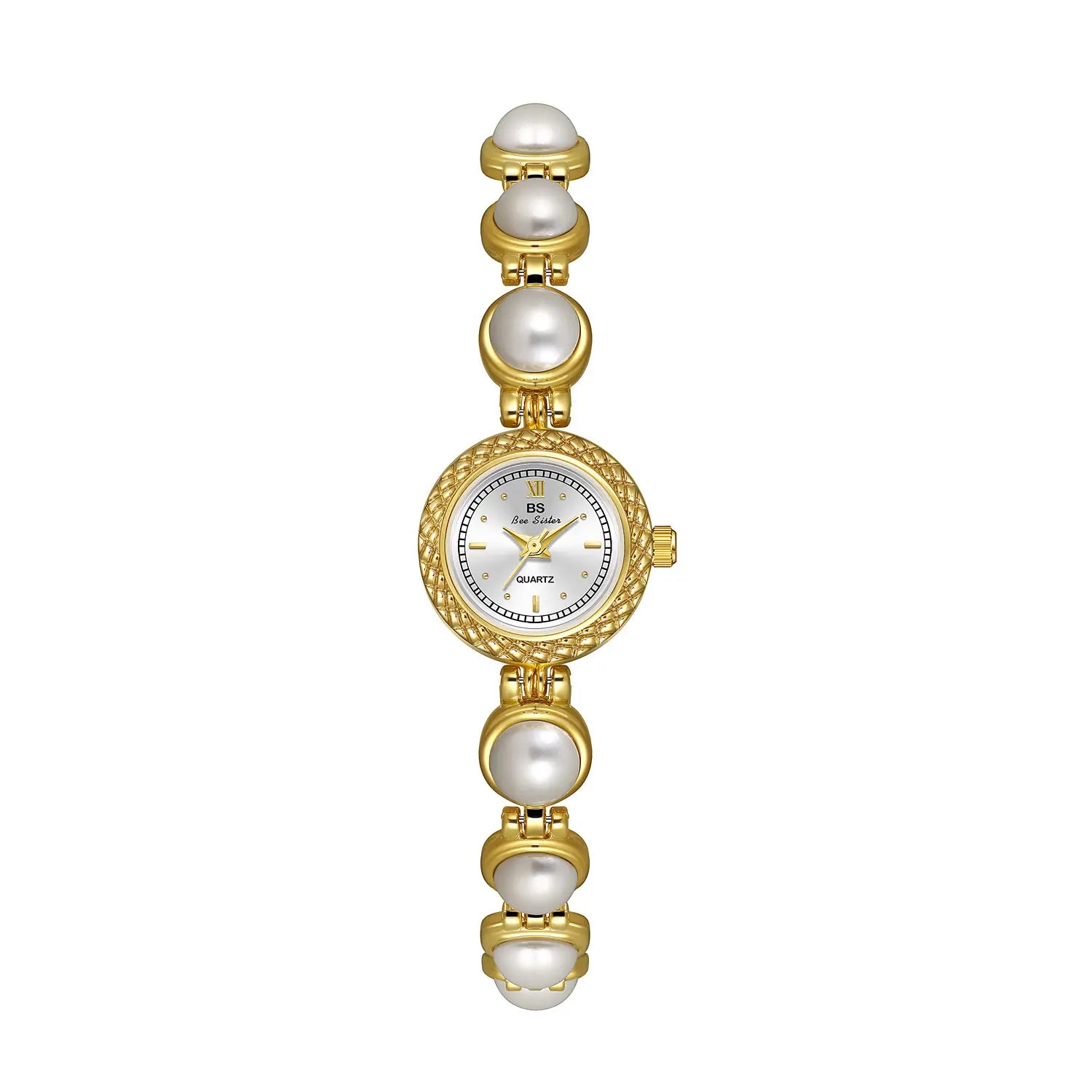 Elegant pearl bracelet quartz watch for women featuring a gold-toned pearl-adorned wristwatch with a white dial and elegant interlocking links.