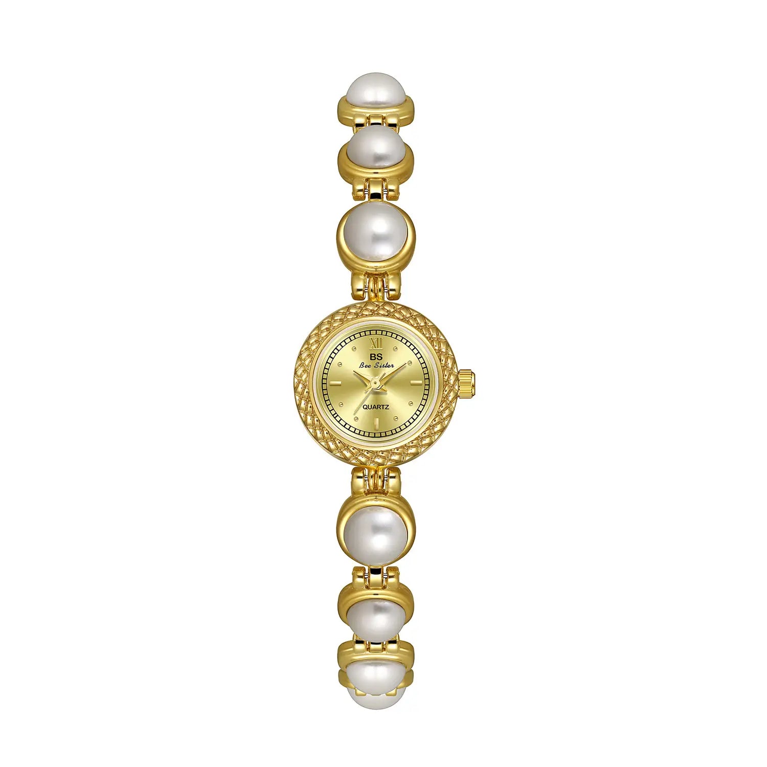 Elegant pearl bracelet quartz watch for women featuring a gold-toned design with pearl adornments, a textured bezel, and a classic roman numeral dial.