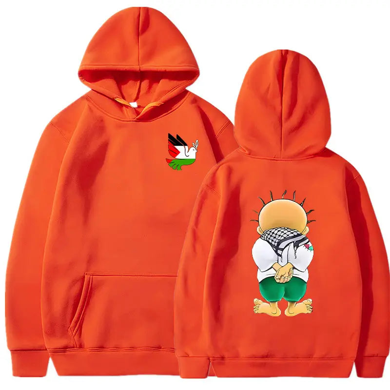 Sudadera con capucha color naranja brillante con un dibujo animado de una paloma con colores de la bandera palestina en el pecho y un personaje estilizado que viste una keffiyeh en la parte posterior.
