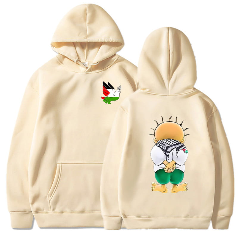 Sudadera con capucha color crema confeccionada con una tela suave, con un diseño de personaje de caricatura con colores de la bandera palestina en la parte delantera y la trasera para uso de streetwear.