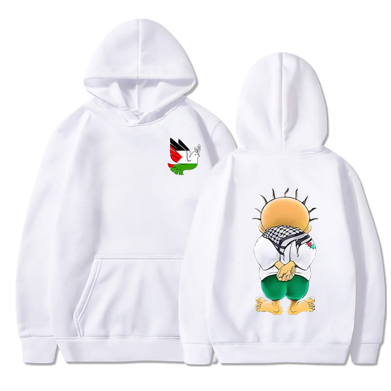 Sudadera con capucha blanca con un pequeño gráfico de la bandera palestina en el lado izquierdo del pecho y un personaje de caricatura que lleva una keffiyeh en el lado posterior, diseñada como sudadera con capucha de streetwear con estampado de keffiyeh palestina de la paloma de la paz.