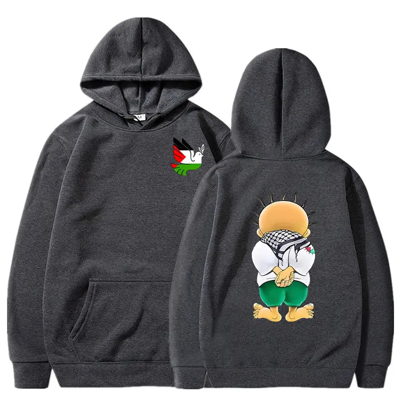 Sudadera con capucha color gris oscuro con un personaje de caricatura en la parte posterior y un pequeño emblema de la bandera palestina en el lado izquierdo del pecho, con diseño de sudadera con capucha de streetwear con estampado de keffiyeh palestina de la paloma de la paz.