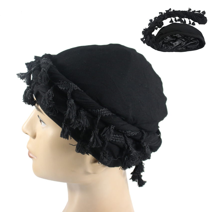 black velvet men satin lined tassel headwrap in burgundy with decorative tassels and lace trim