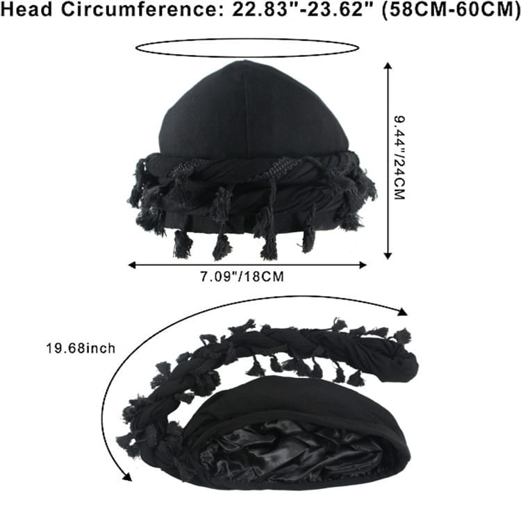 Black satin lined headwrap with fringed tassels shown from the back side in burgundy fabric for men.