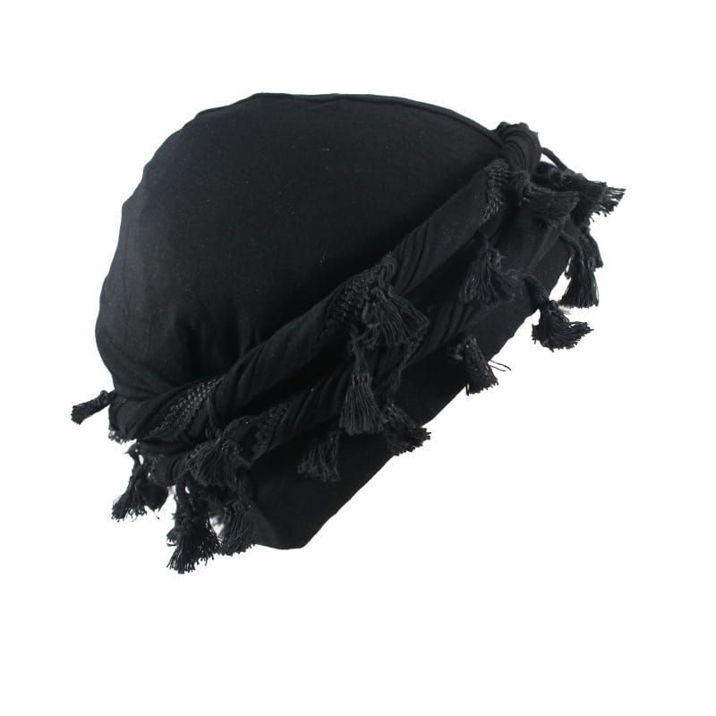 black fabric hat with fringed tassels along the edge designed as a men satin lined tassel headwrap in burgundy