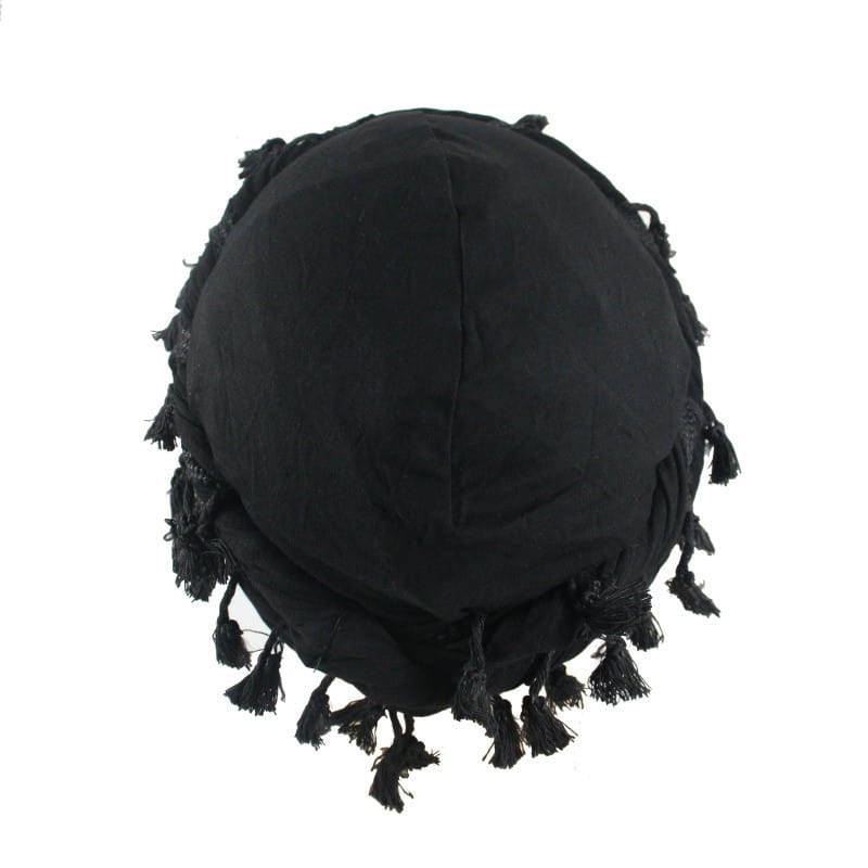 Black fabric headpiece made of satin with fringed tassels around the edge designed as a men satin lined tassel headwrap in burgundy.