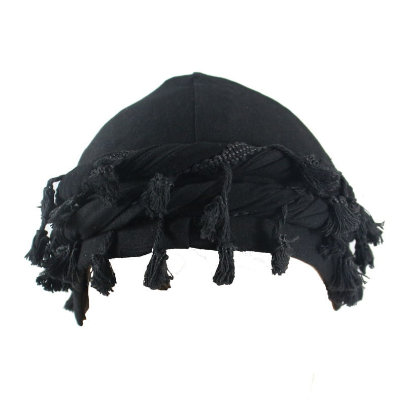 black fabric hat with fringed tassels along the brim in men satin lined tassel headwrap burgundy product