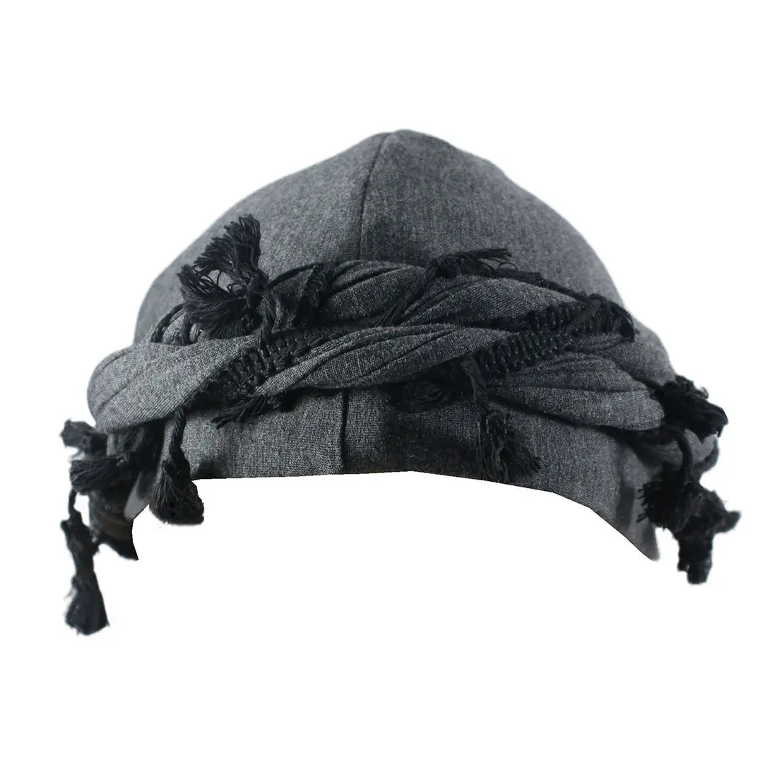 Men satin lined tassel headwrap in burgundy featuring gray textured fabric with black fringed tassels and a twisted scarf detail.