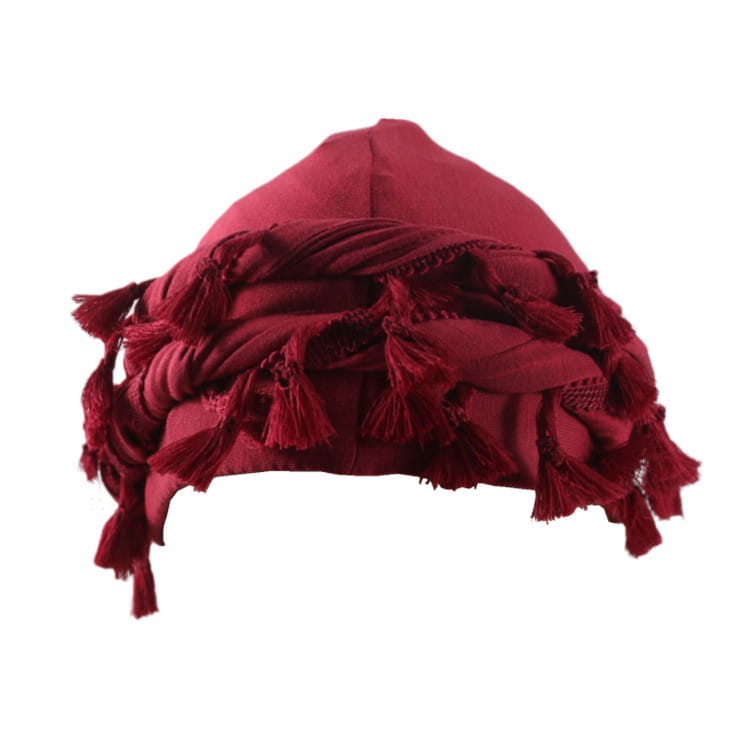 Men satin lined tassel headwrap in rich burgundy fabric featuring intricate braided sections and dangling tassels.