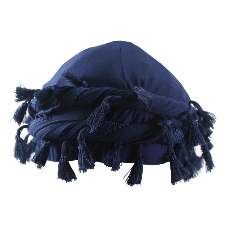 Men satin lined tassel headwrap in dark blue fabric featuring layered tassels and beaded trim.