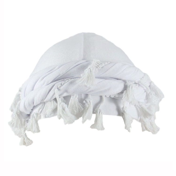 white cotton headscarf with soft fringed tassels shown from the back side in a men satin lined tassel headwrap burgundy product selection