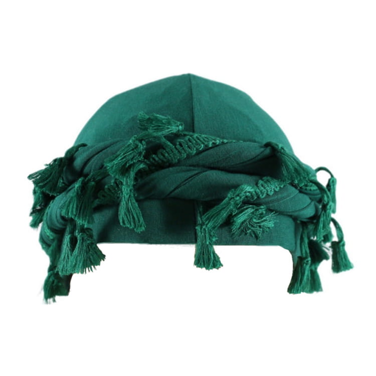 Men satin lined tassel headwrap in deep green fabric featuring fringed tassels and a braided section.