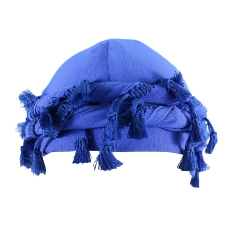 A vibrant royal blue men satin lined tassel headwrap with fringed tassels and a knotted design.