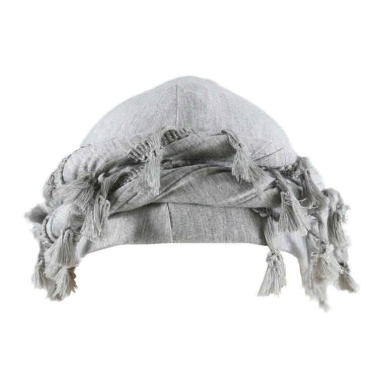 A men satin lined tassel headwrap in burgundy featuring a soft heather gray fabric with a gathered tassel trimmed edge.