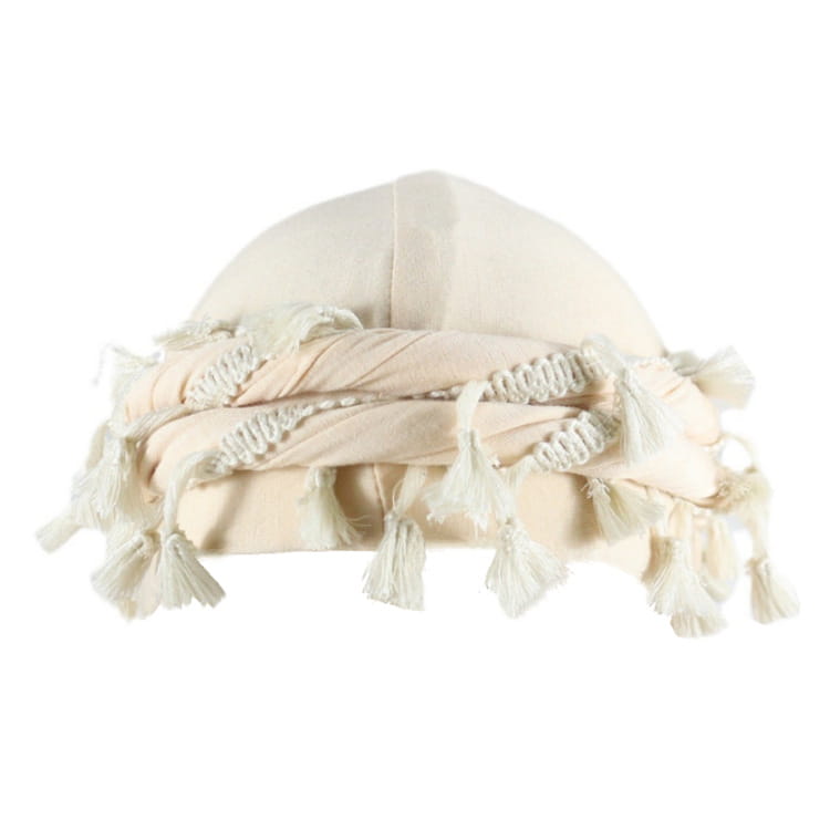 Cream-colored satin lined headwrap with twisted band and tassels shown from the back side for men in burgundy.